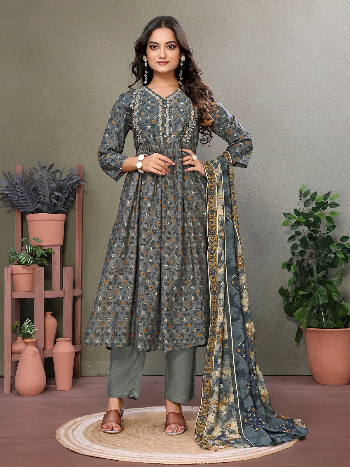 Buy Silk Blend Embroidered Calf Length Flared Kurta with Pant and Dupatta-Olive