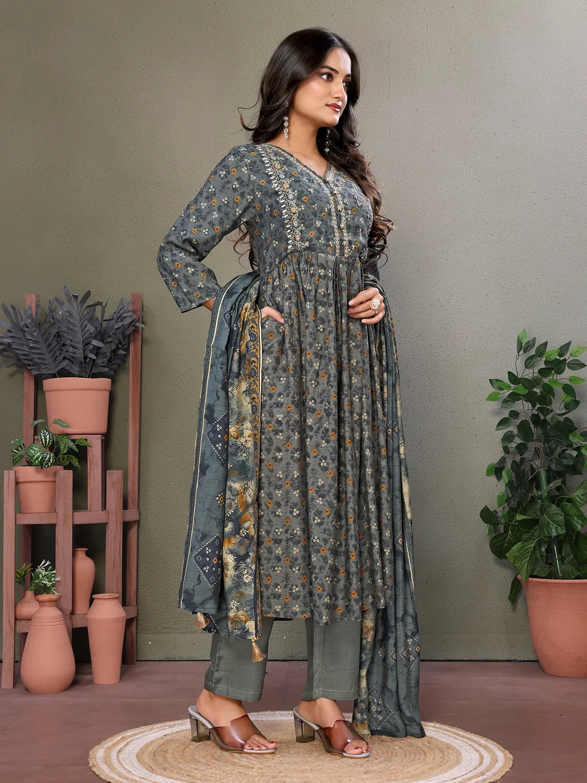 Buy Silk Blend Embroidered Calf Length Flared Kurta with Pant and Dupatta-Olive