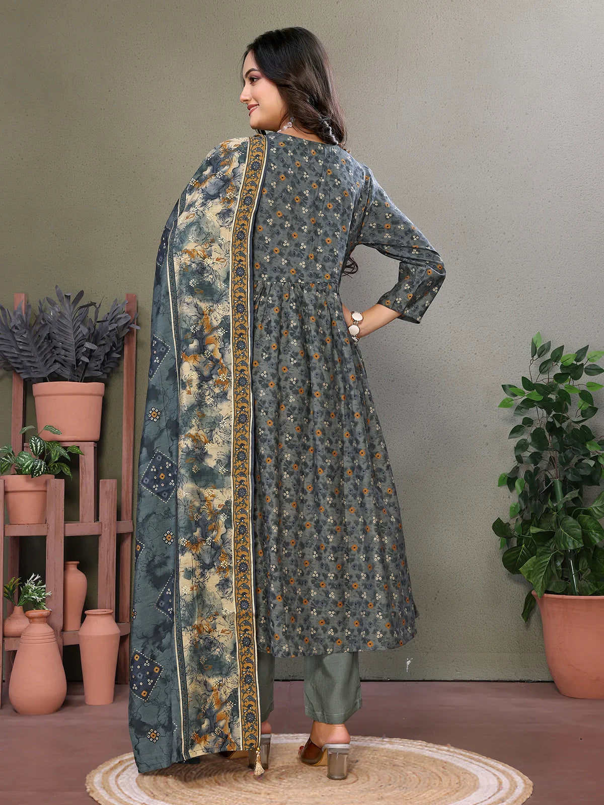 Buy Silk Blend Embroidered Calf Length Flared Kurta with Pant and Dupatta-Olive