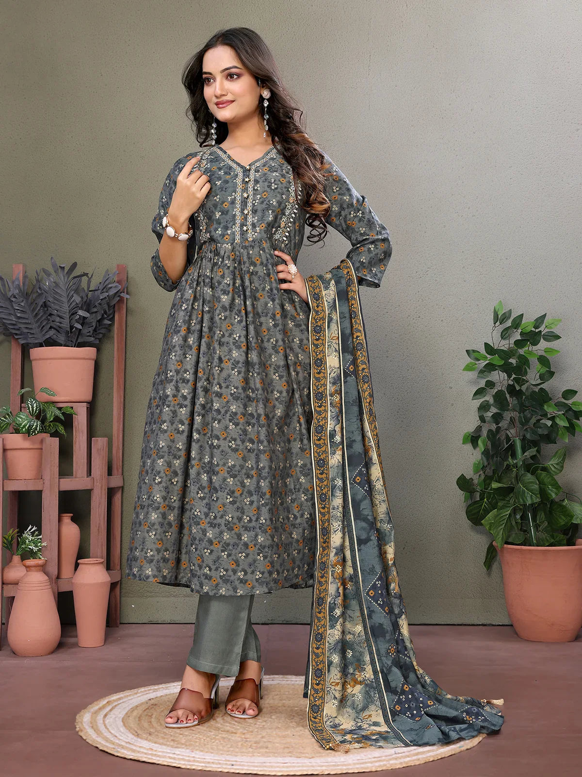 Buy Silk Blend Embroidered Calf Length Flared Kurta with Pant and Dupatta-Olive