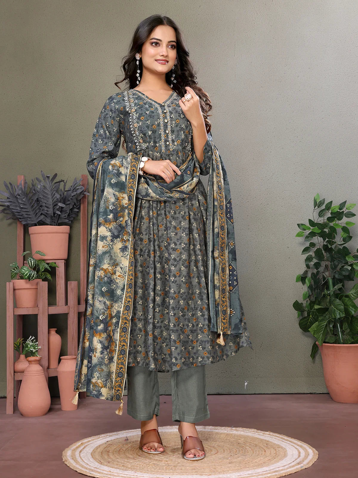 Buy Silk Blend Embroidered Calf Length Flared Kurta with Pant and Dupatta-Olive