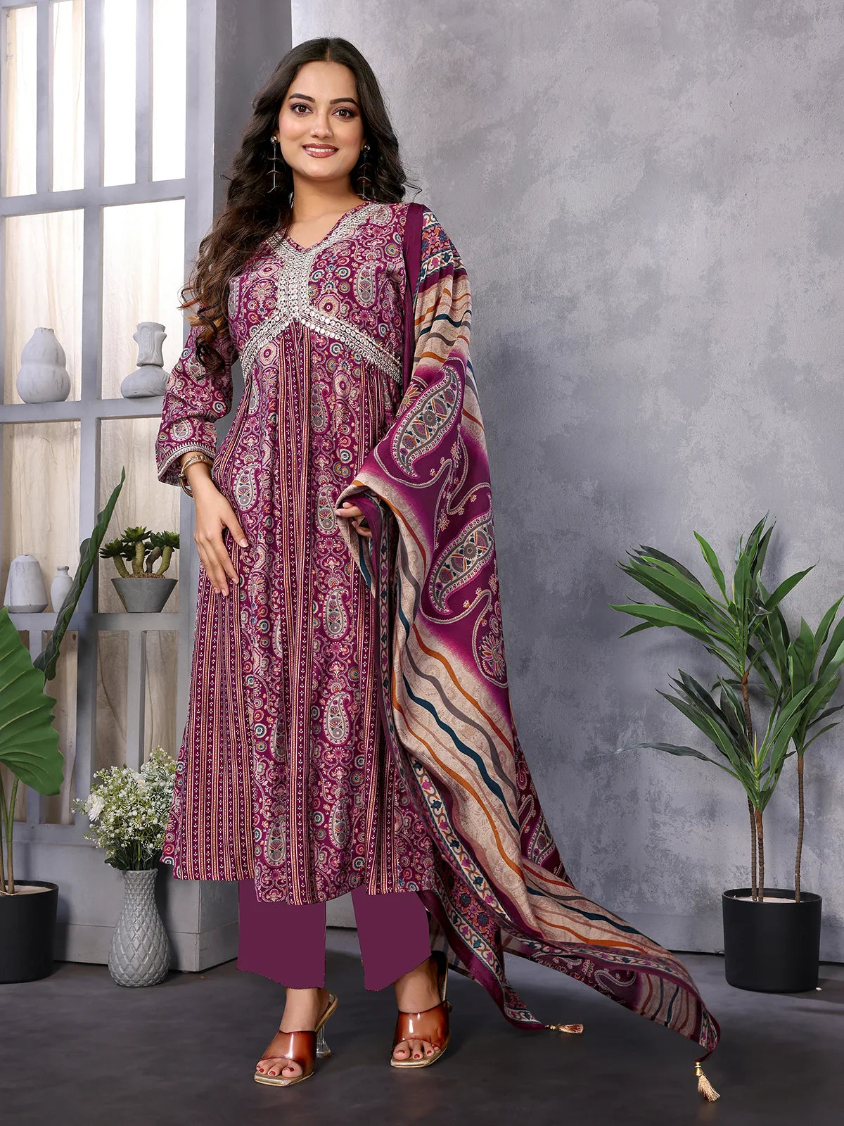 Buy Silk Blend Embroidered Calf Length Anarkali Kurta with Pant and Dupatta-Wine