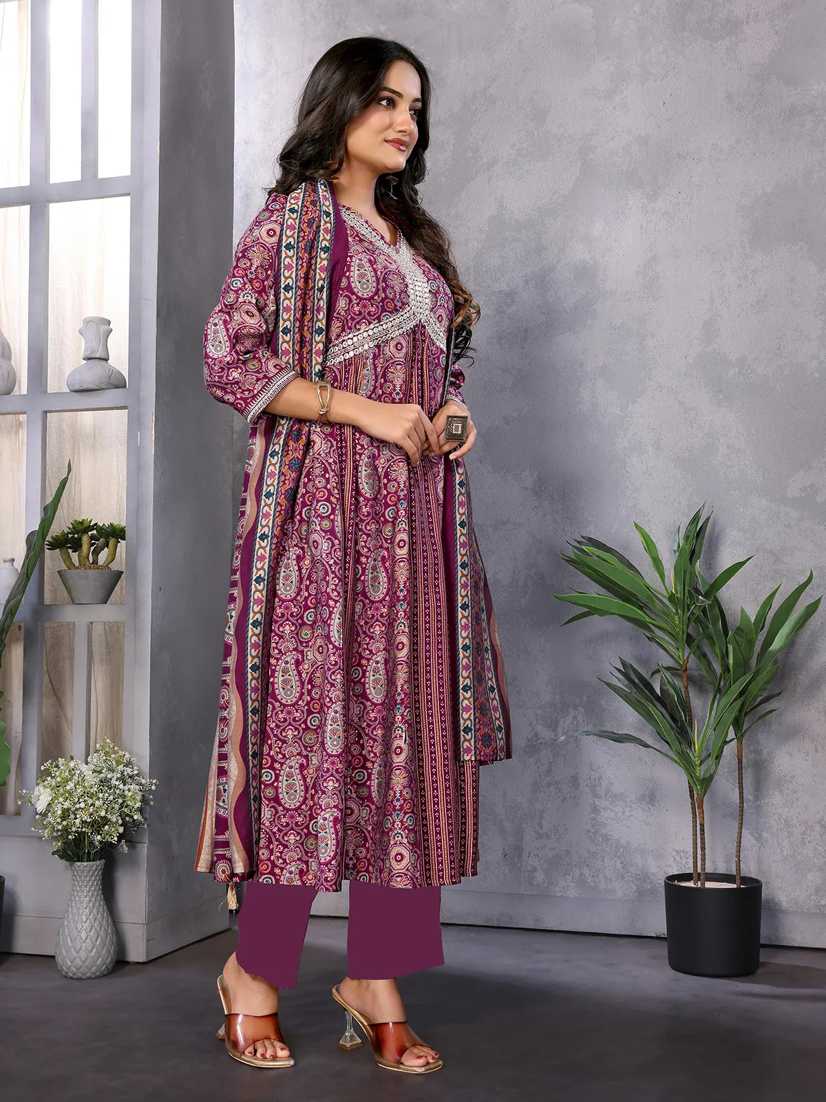 Buy Silk Blend Embroidered Calf Length Anarkali Kurta with Pant and Dupatta-Wine