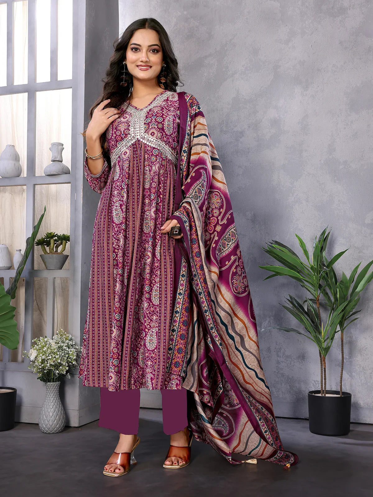 Buy Silk Blend Embroidered Calf Length Anarkali Kurta with Pant and Dupatta-Wine