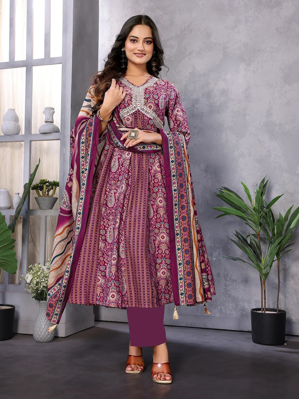 Buy Silk Blend Embroidered Calf Length Anarkali Kurta with Pant and Dupatta-Wine