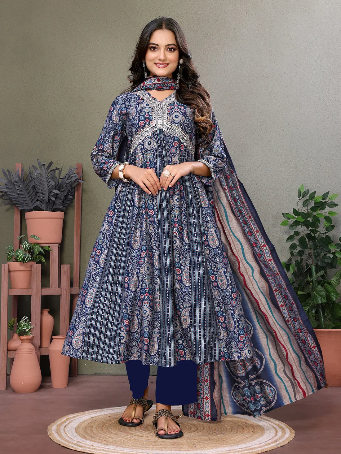 Buy Silk Blend Embroidered Calf Length Anarkali Kurta with Pant and Dupatta-Blue