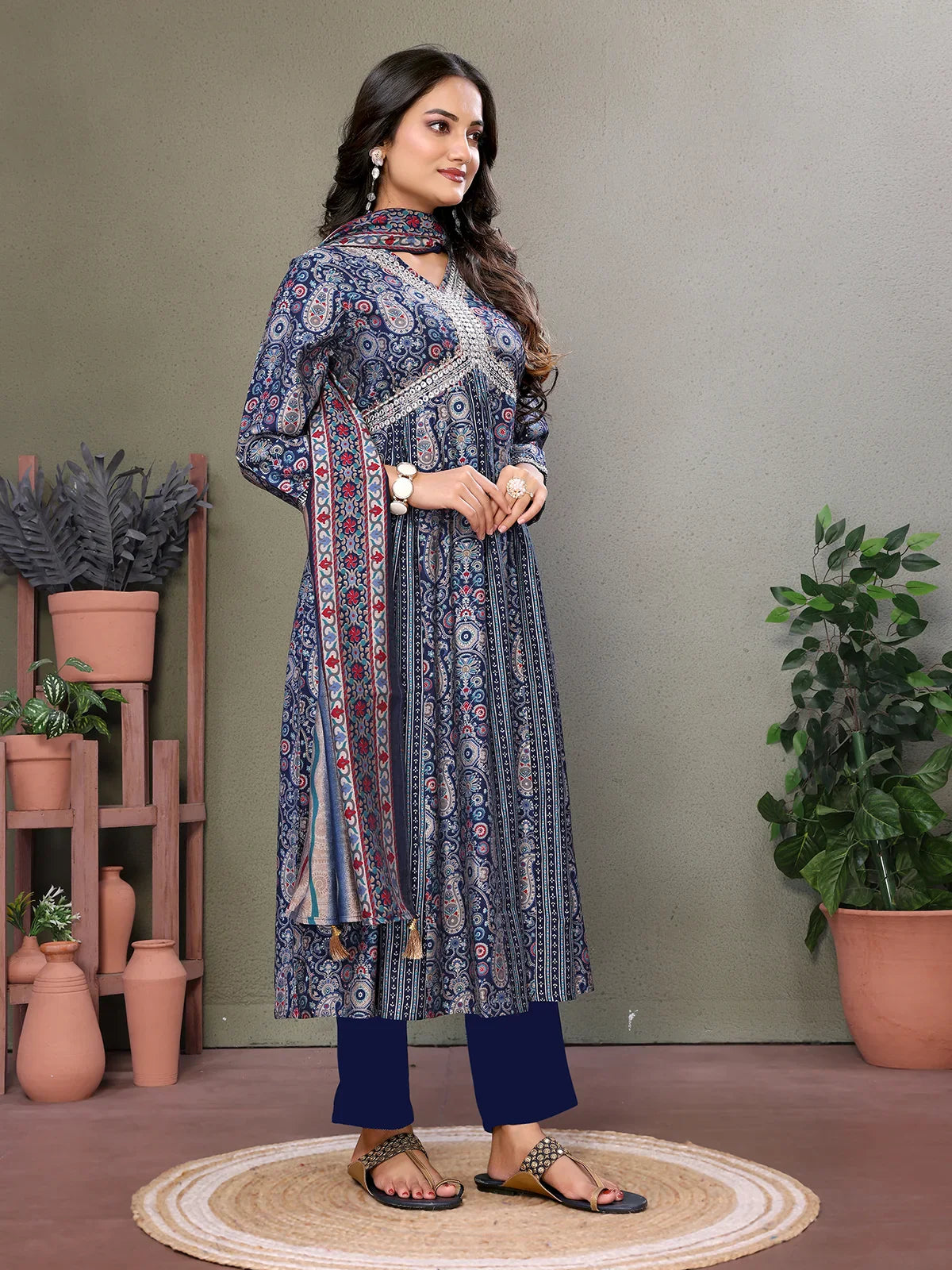 Buy Silk Blend Embroidered Calf Length Anarkali Kurta with Pant and Dupatta-Blue