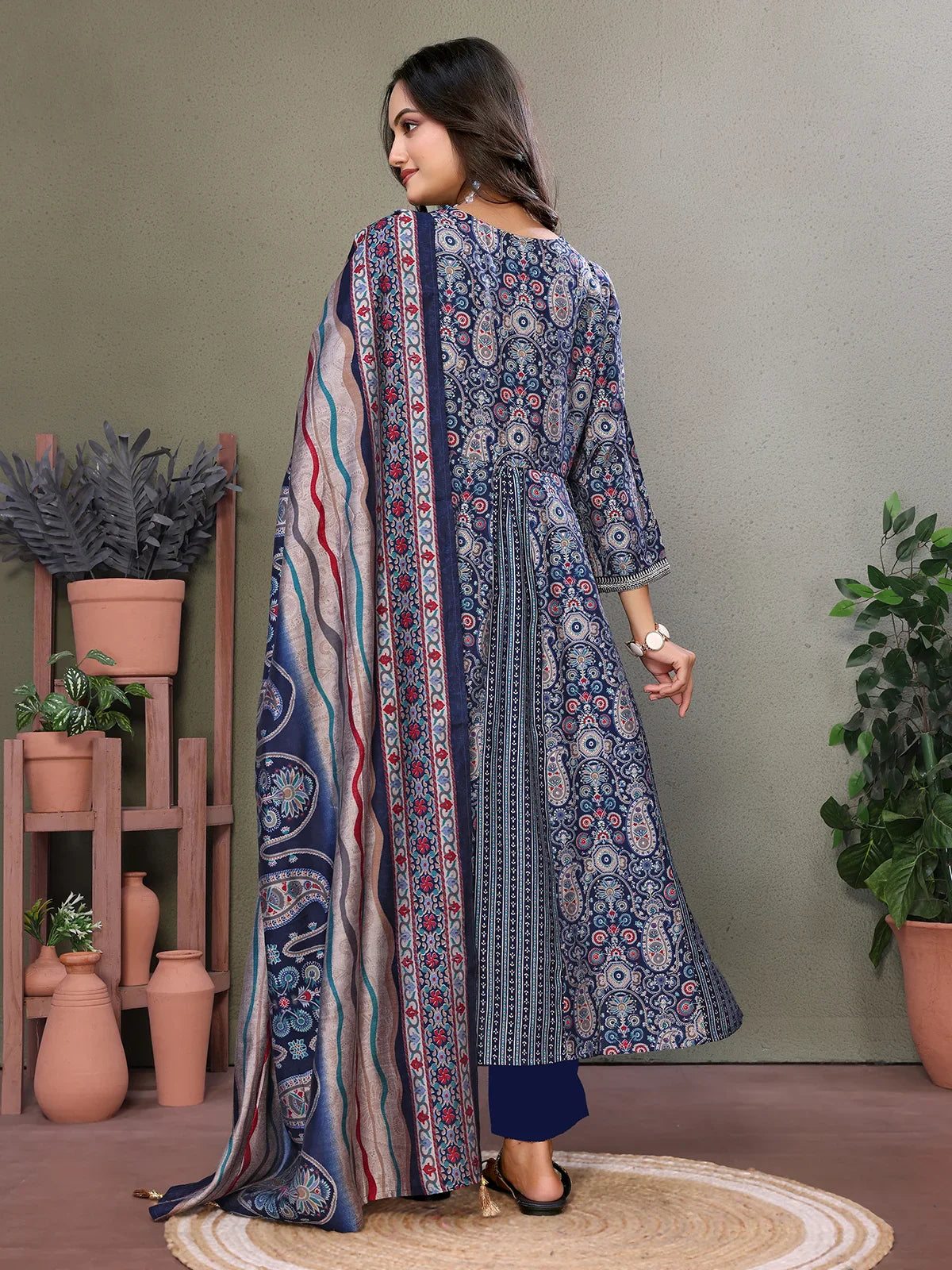 Buy Silk Blend Embroidered Calf Length Anarkali Kurta with Pant and Dupatta-Blue