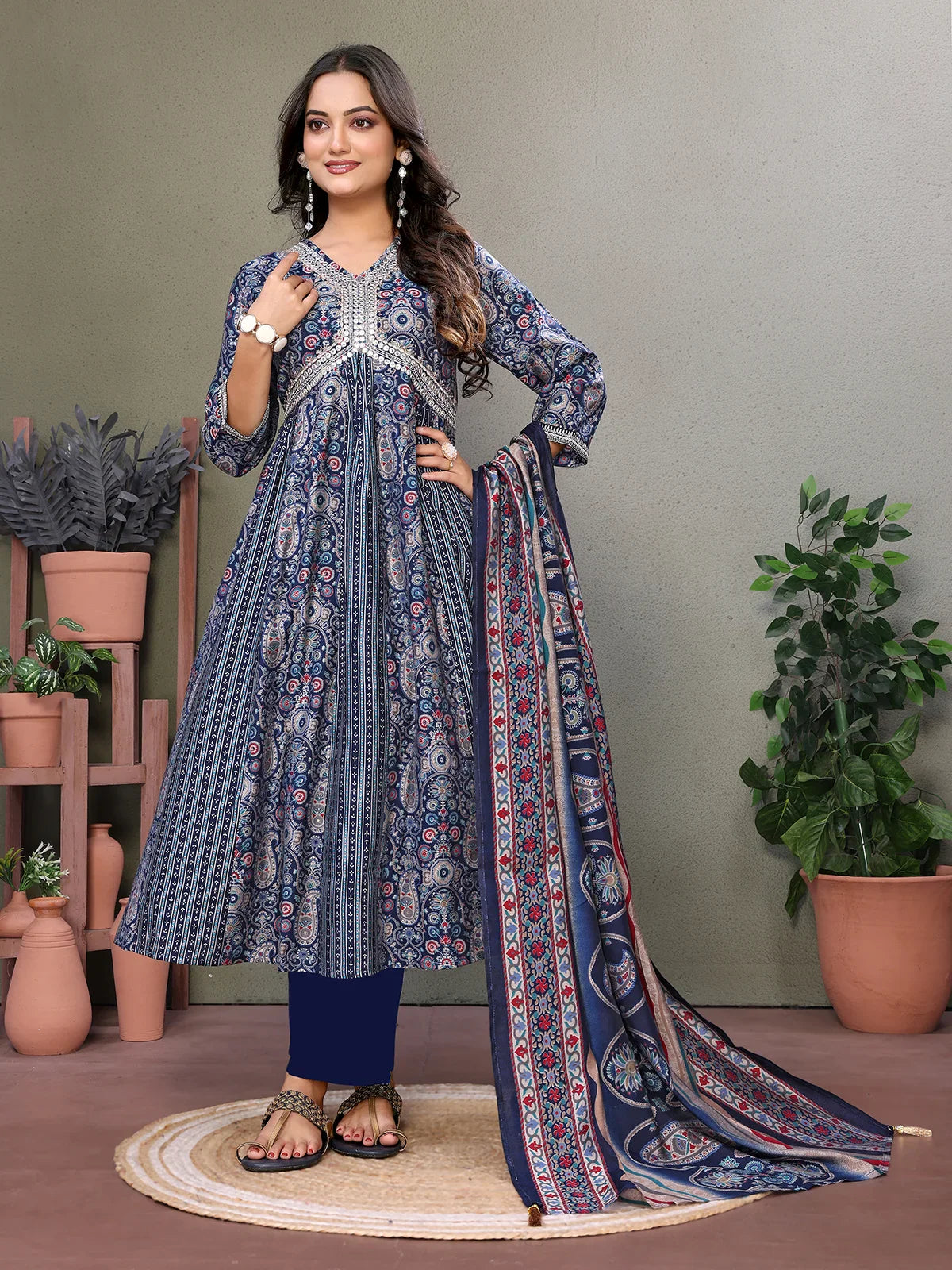 Buy Silk Blend Embroidered Calf Length Anarkali Kurta with Pant and Dupatta-Blue