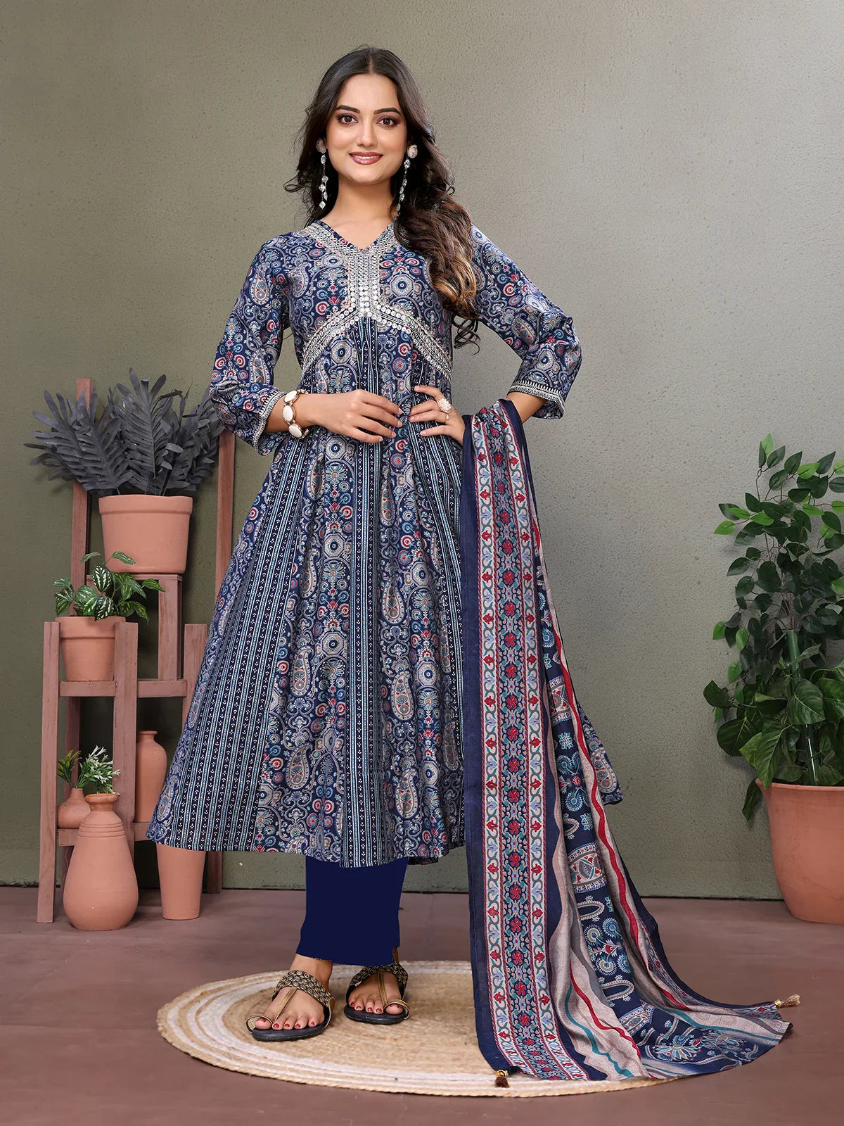 Buy Silk Blend Embroidered Calf Length Anarkali Kurta with Pant and Dupatta-Blue