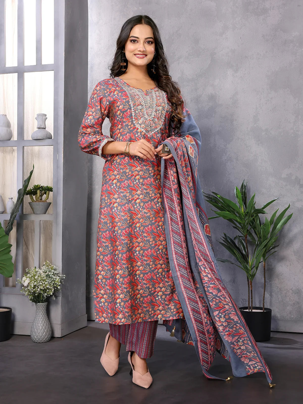 Buy Silk Blend Embroidered Calf Length Straight Kurta with Pant and Dupatta-Grey