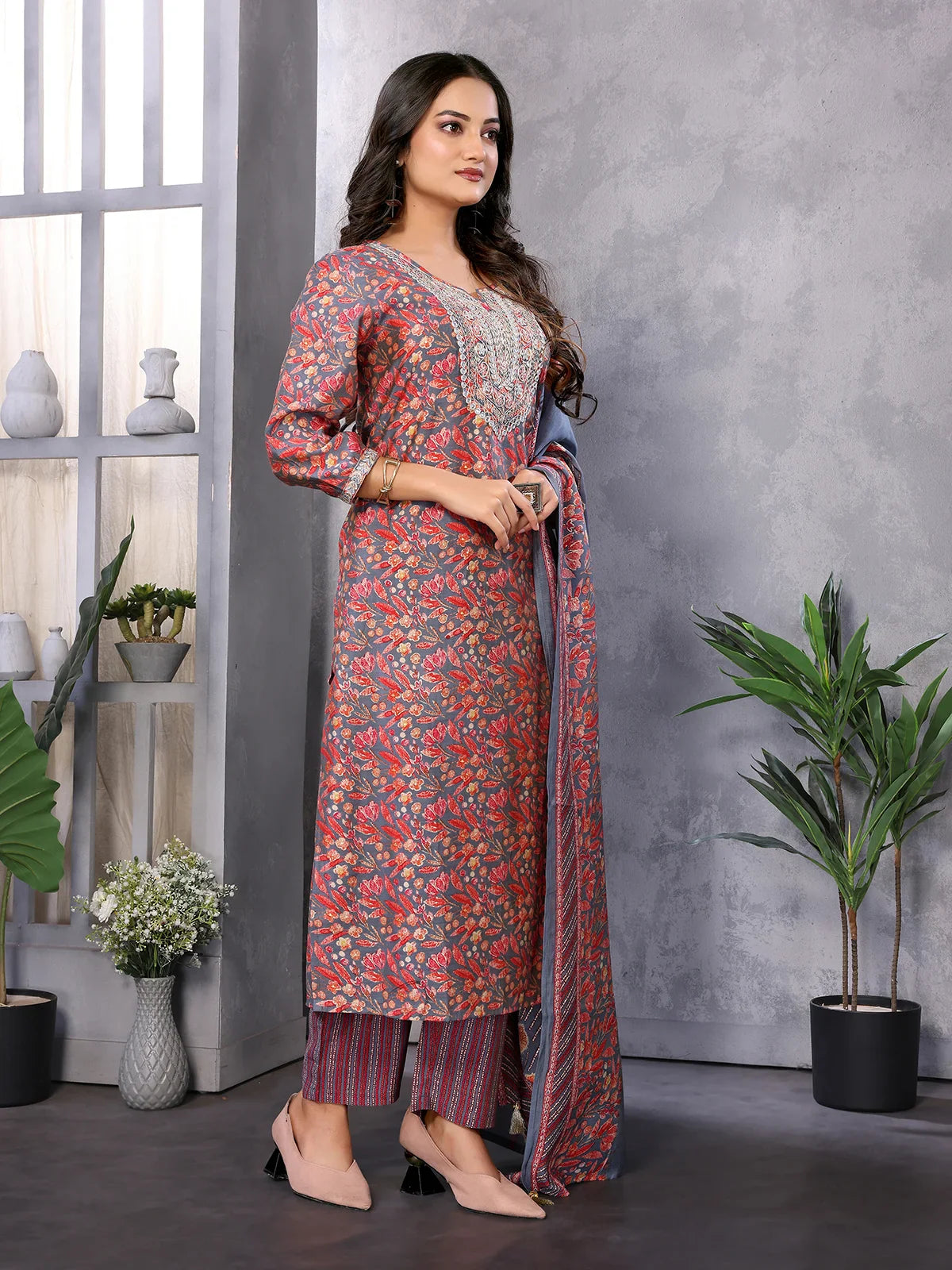 Buy Silk Blend Embroidered Calf Length Straight Kurta with Pant and Dupatta-Grey