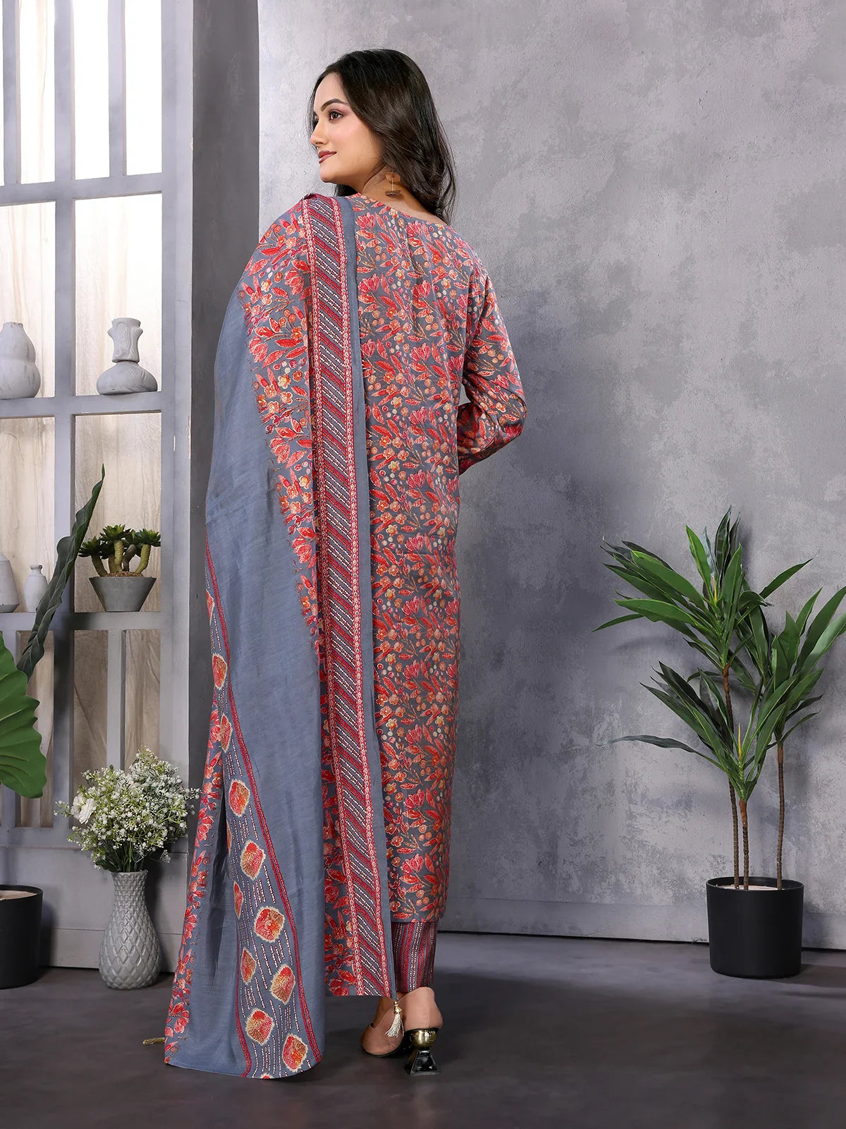 Buy Silk Blend Embroidered Calf Length Straight Kurta with Pant and Dupatta-Grey