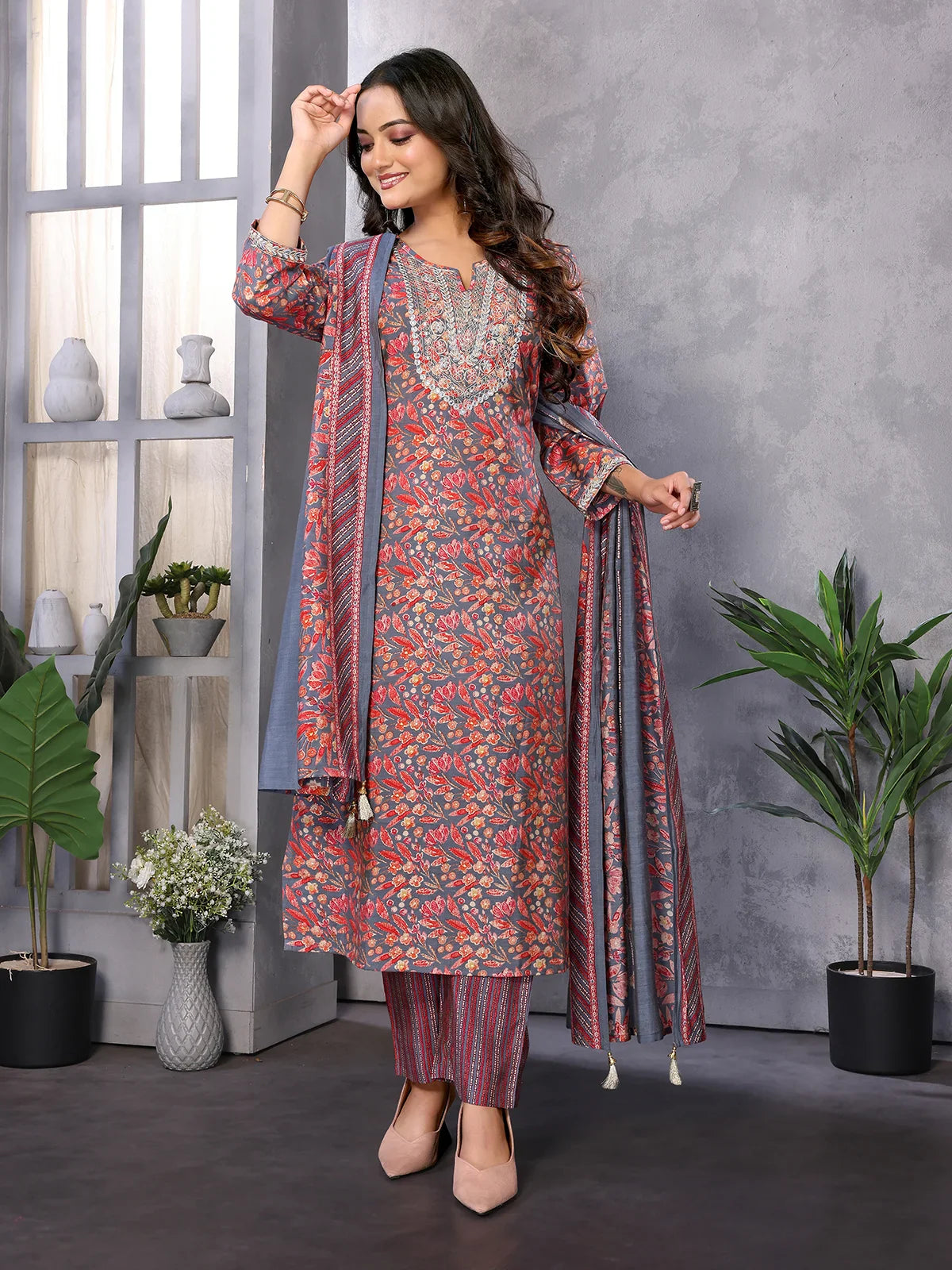 Buy Silk Blend Embroidered Calf Length Straight Kurta with Pant and Dupatta-Grey