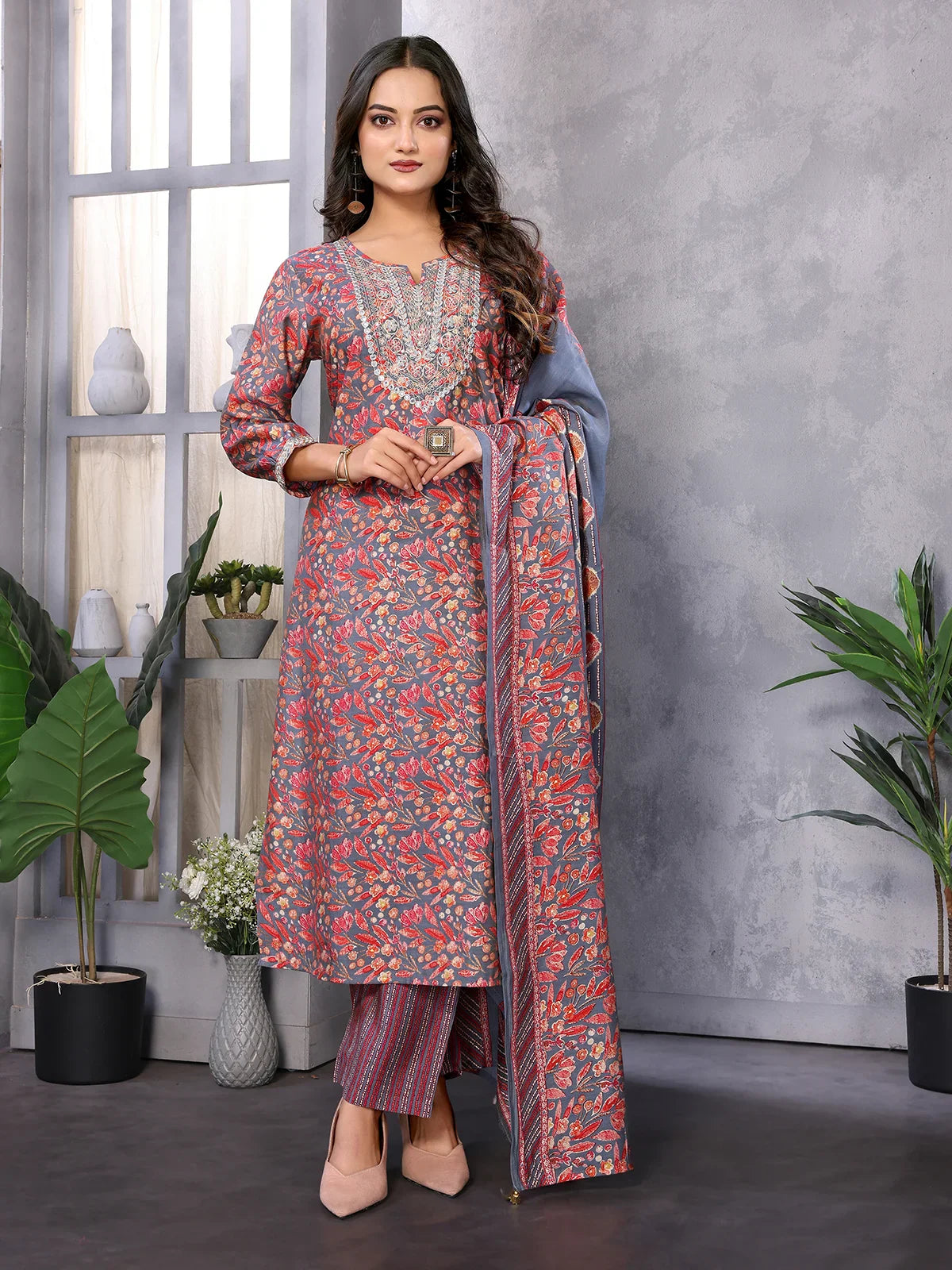 Buy Silk Blend Embroidered Calf Length Straight Kurta with Pant and Dupatta-Grey