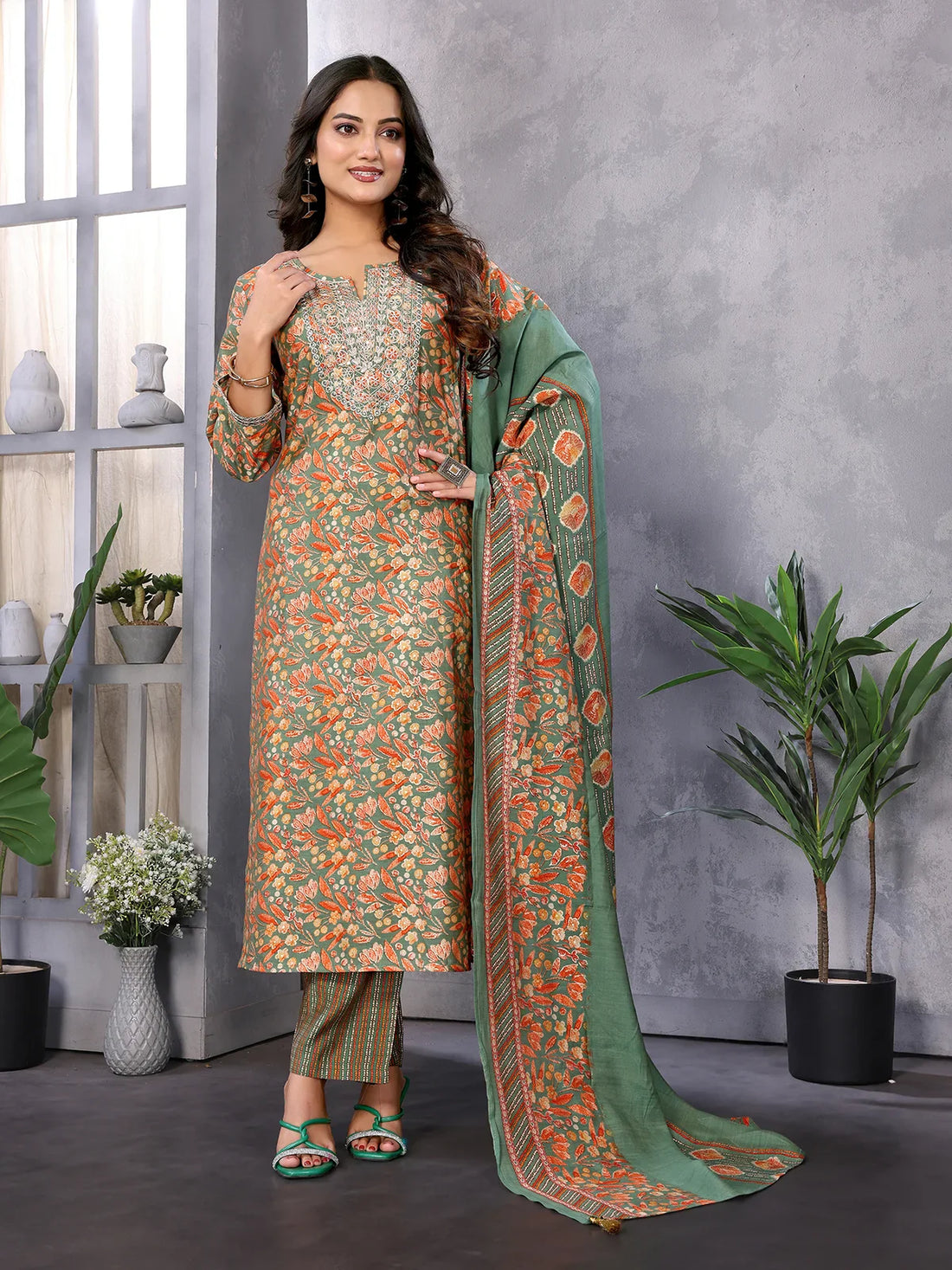 Buy Silk Blend Embroidered Calf Length Straight Kurta with Pant and Dupatta-Green