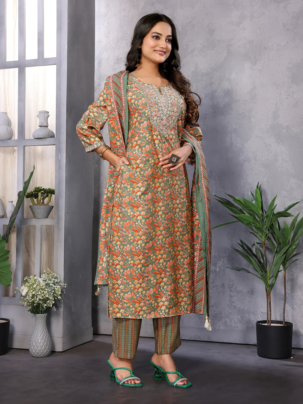 Buy Silk Blend Embroidered Calf Length Straight Kurta with Pant and Dupatta-Green