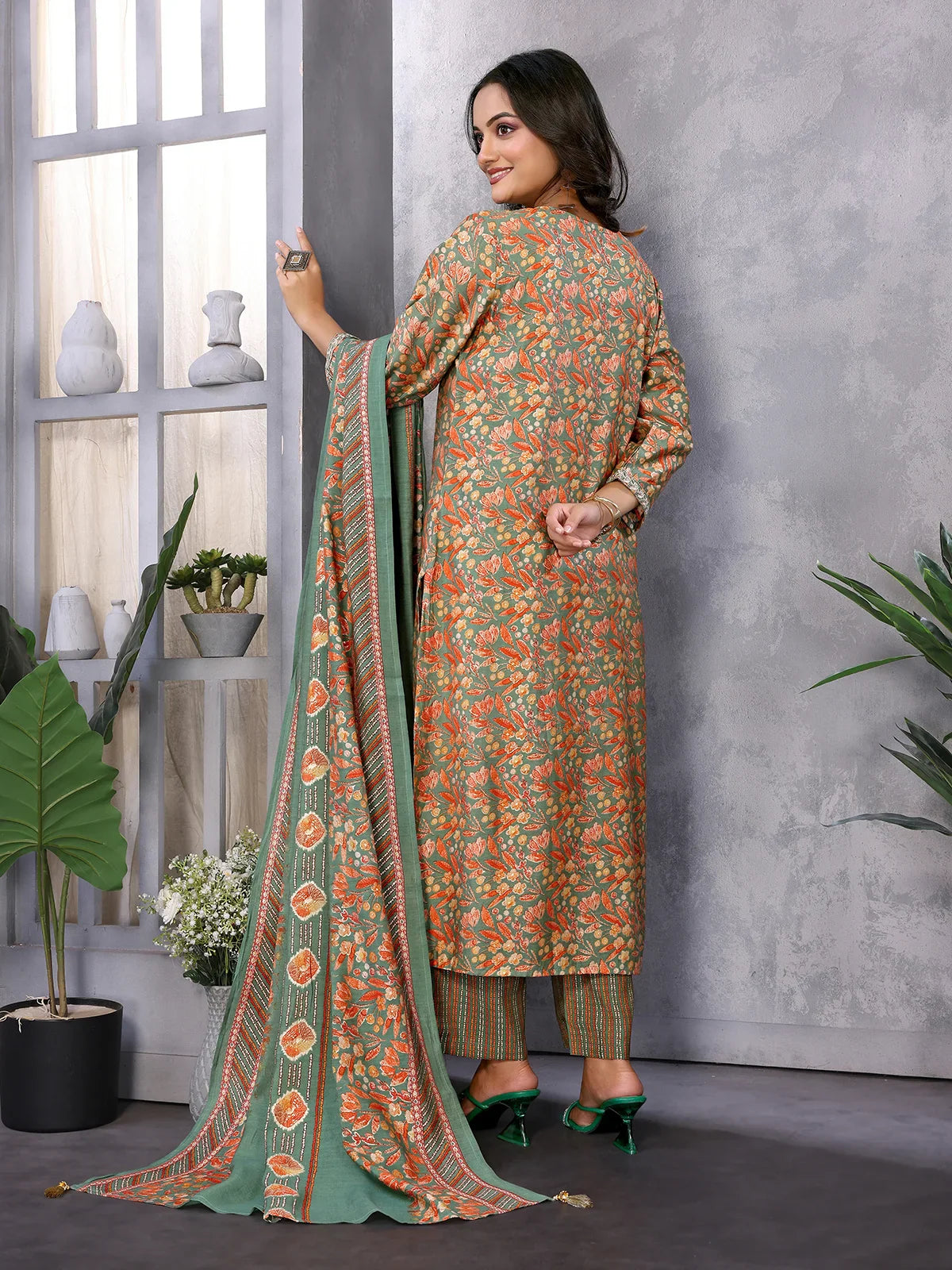 Buy Silk Blend Embroidered Calf Length Straight Kurta with Pant and Dupatta-Green