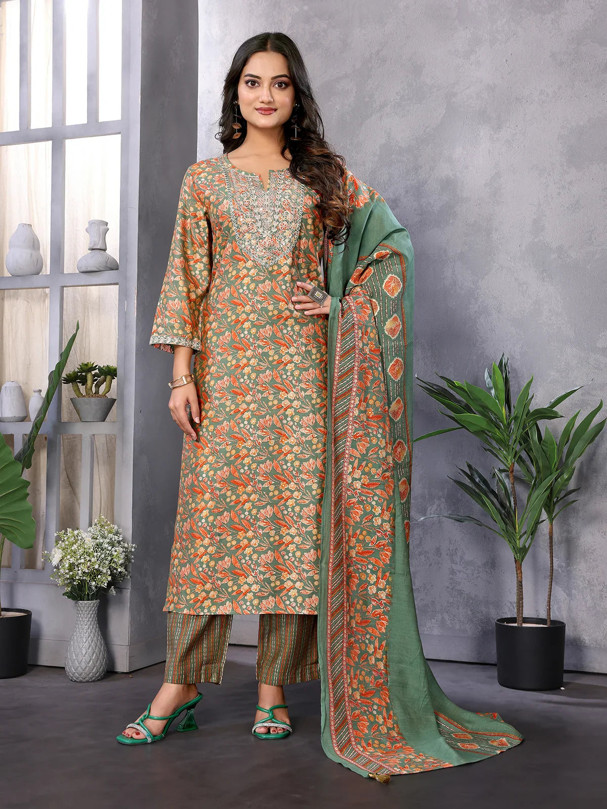 Buy Silk Blend Embroidered Calf Length Straight Kurta with Pant and Dupatta-Green