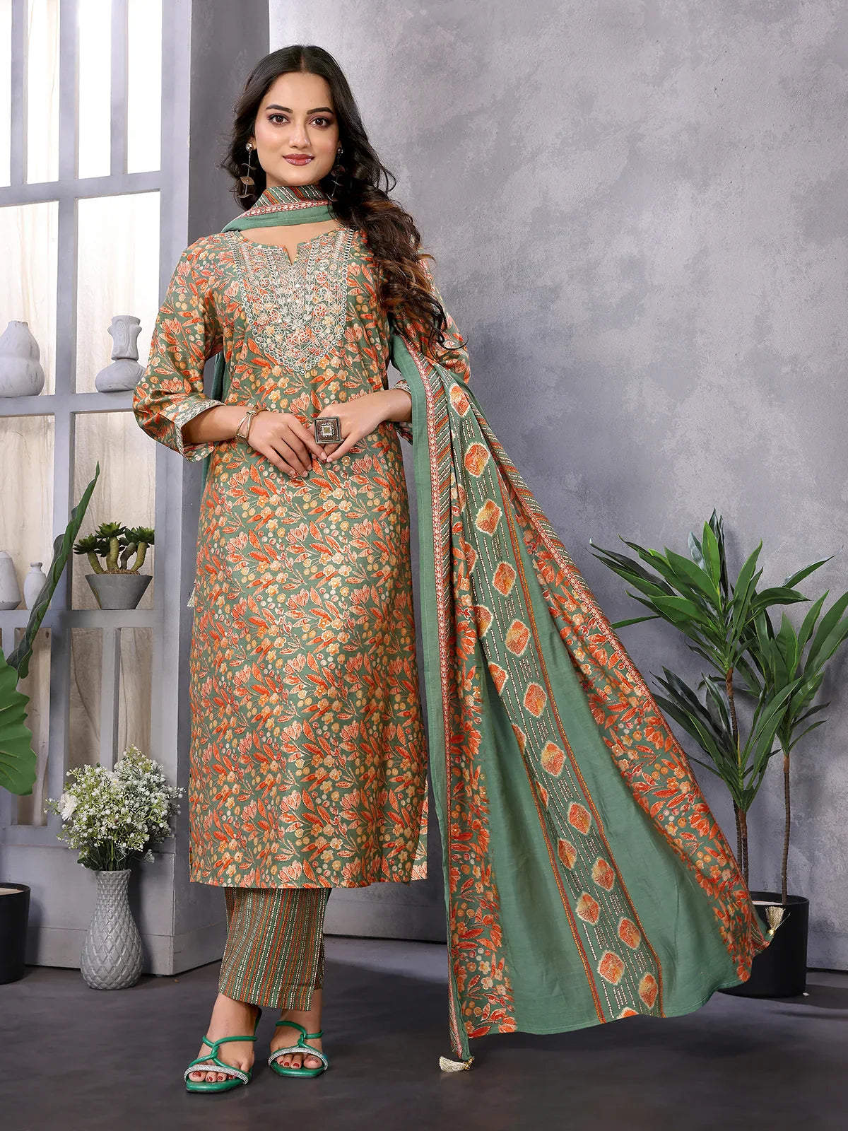 Buy Silk Blend Embroidered Calf Length Straight Kurta with Pant and Dupatta-Green