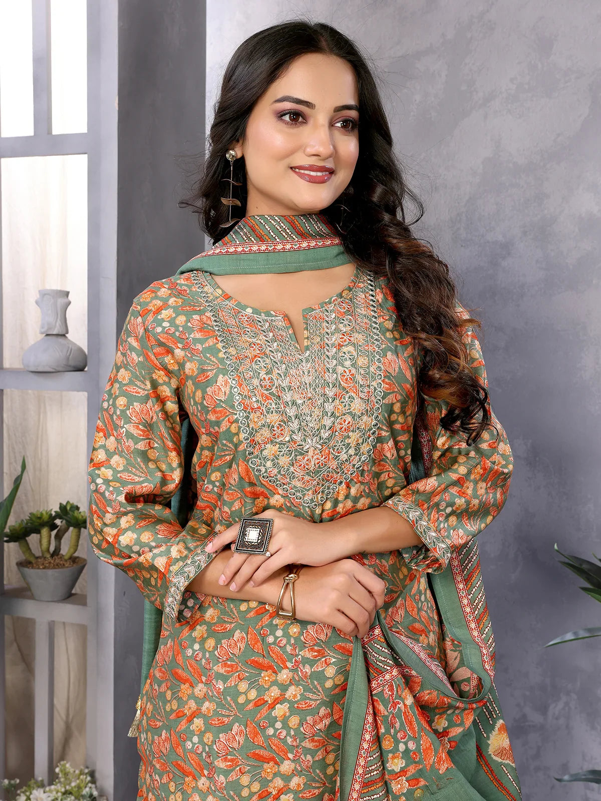 Buy Silk Blend Embroidered Calf Length Straight Kurta with Pant and Dupatta-Green