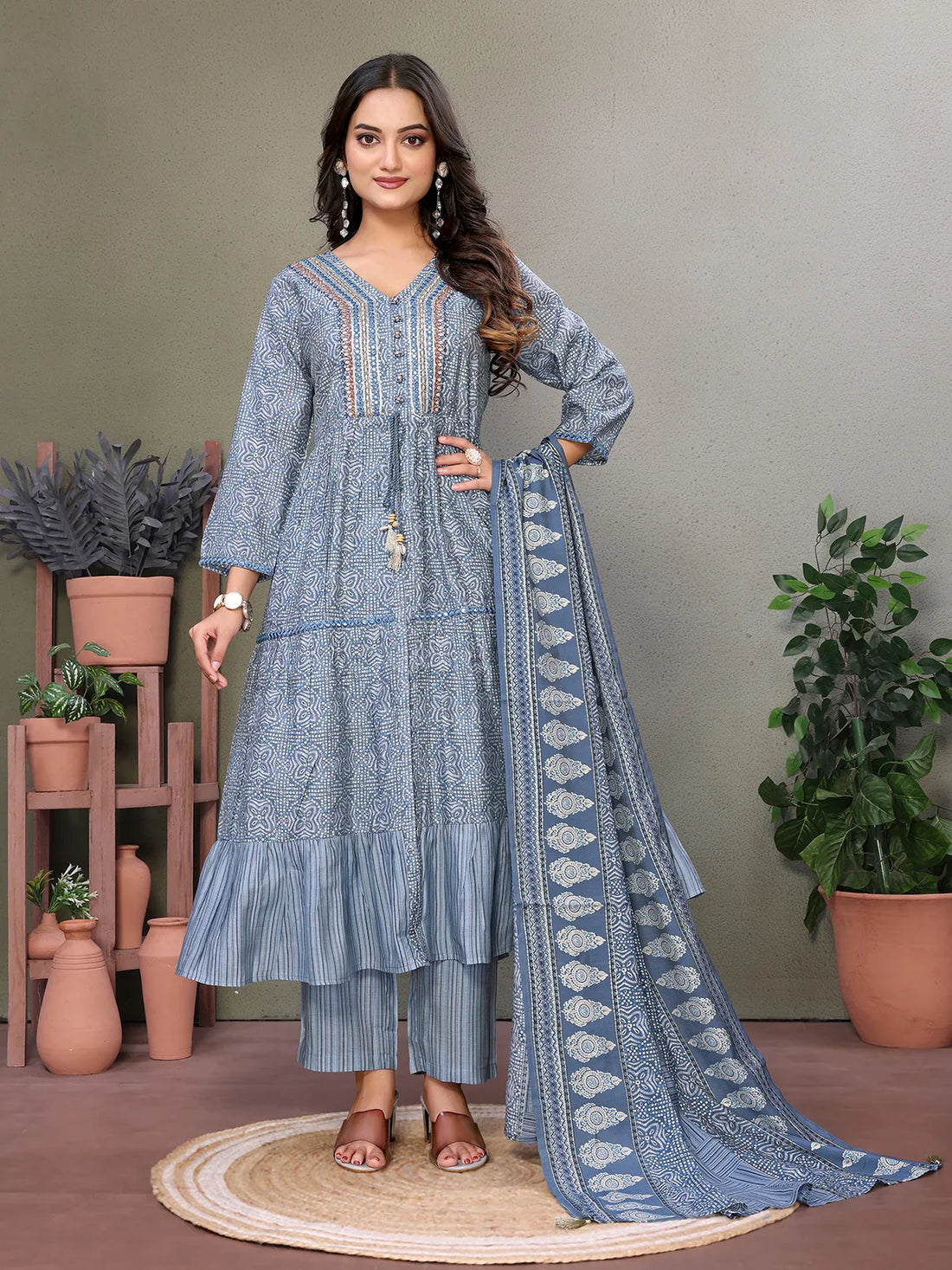 Buy Silk Blend Embroidered Calf Length Flared Kurta with Pant and Dupatta-Grey