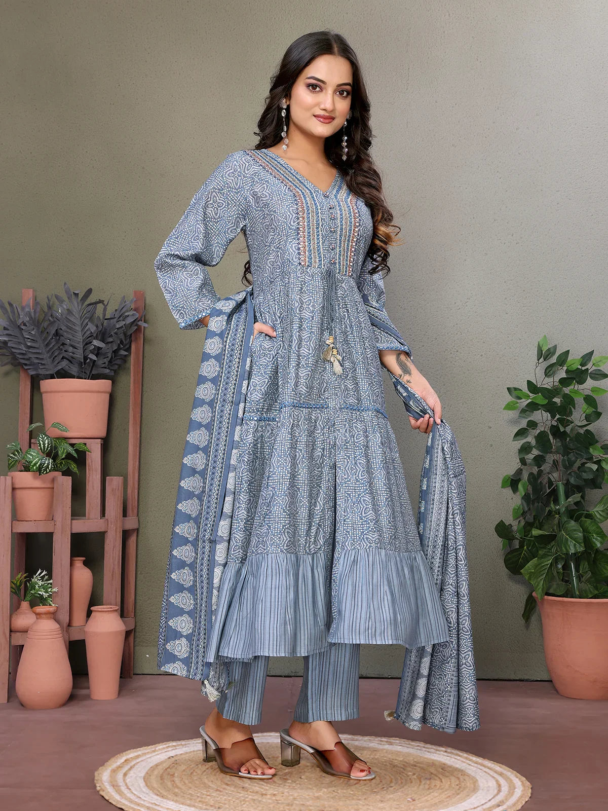 Buy Silk Blend Embroidered Calf Length Flared Kurta with Pant and Dupatta-Grey