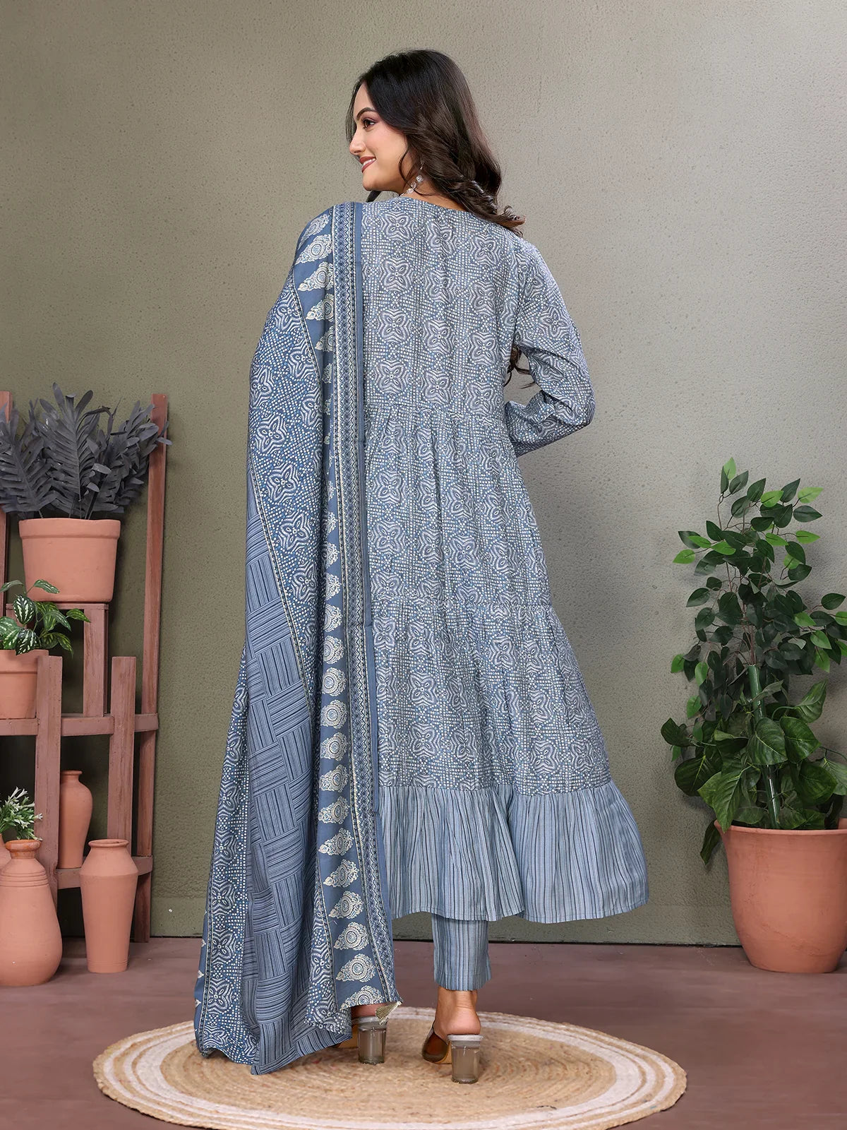 Buy Silk Blend Embroidered Calf Length Flared Kurta with Pant and Dupatta-Grey