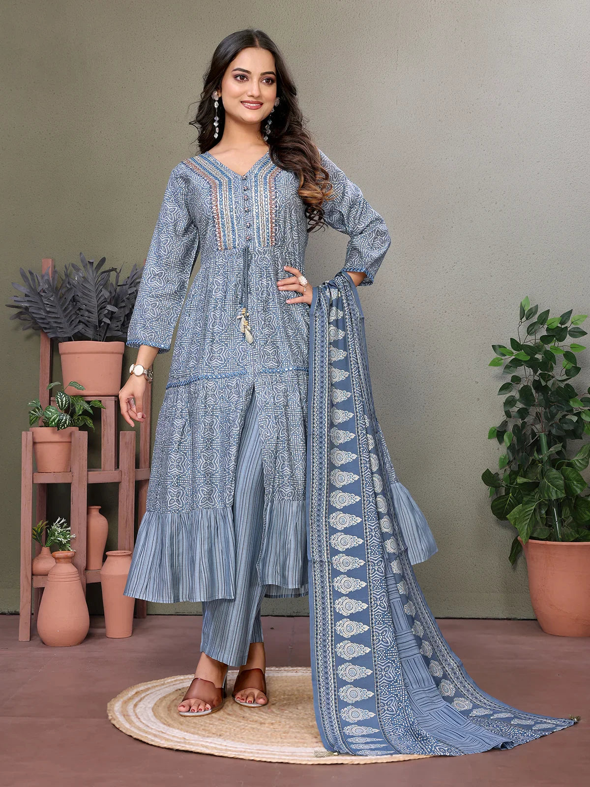 Buy Silk Blend Embroidered Calf Length Flared Kurta with Pant and Dupatta-Grey