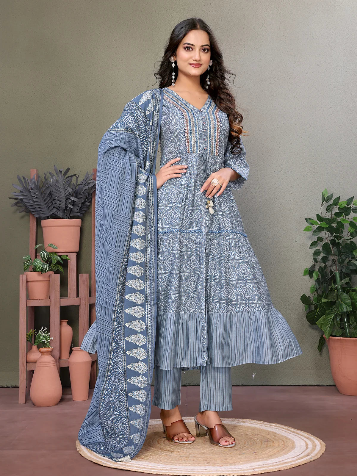 Buy Silk Blend Embroidered Calf Length Flared Kurta with Pant and Dupatta-Grey