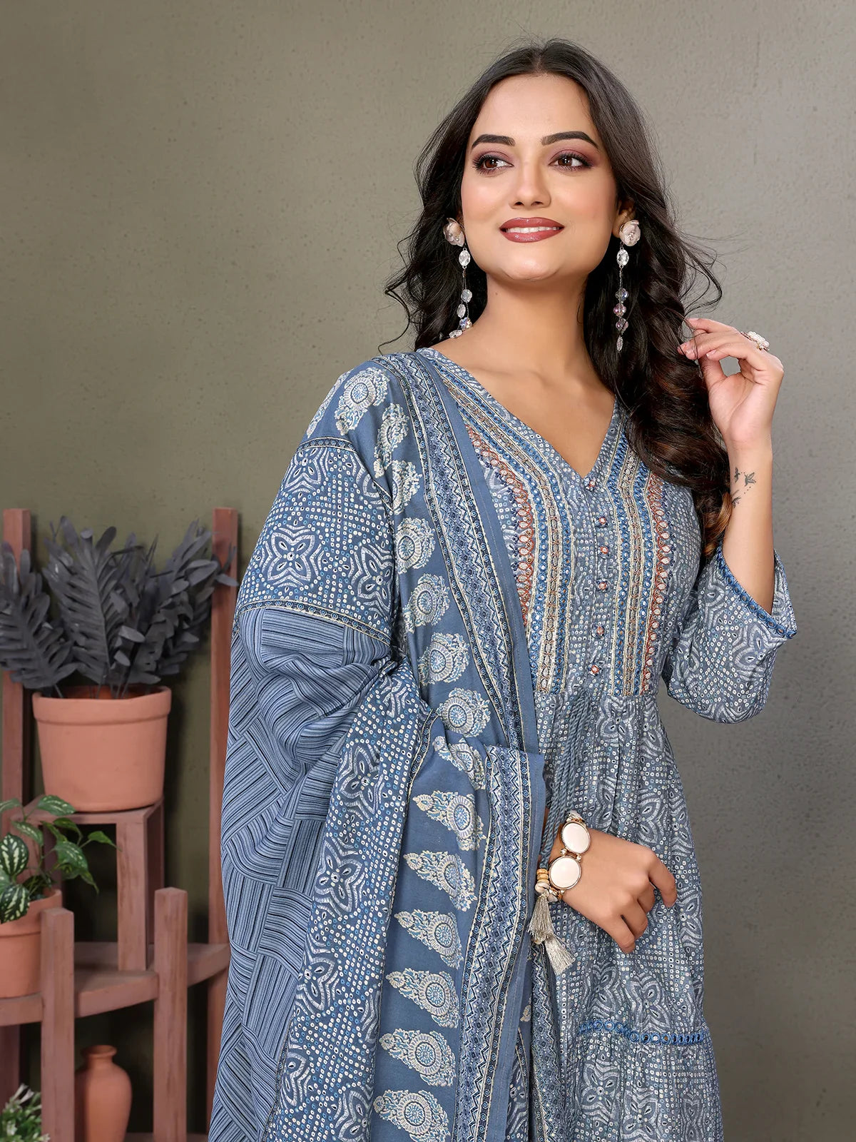 Buy Silk Blend Embroidered Calf Length Flared Kurta with Pant and Dupatta-Grey