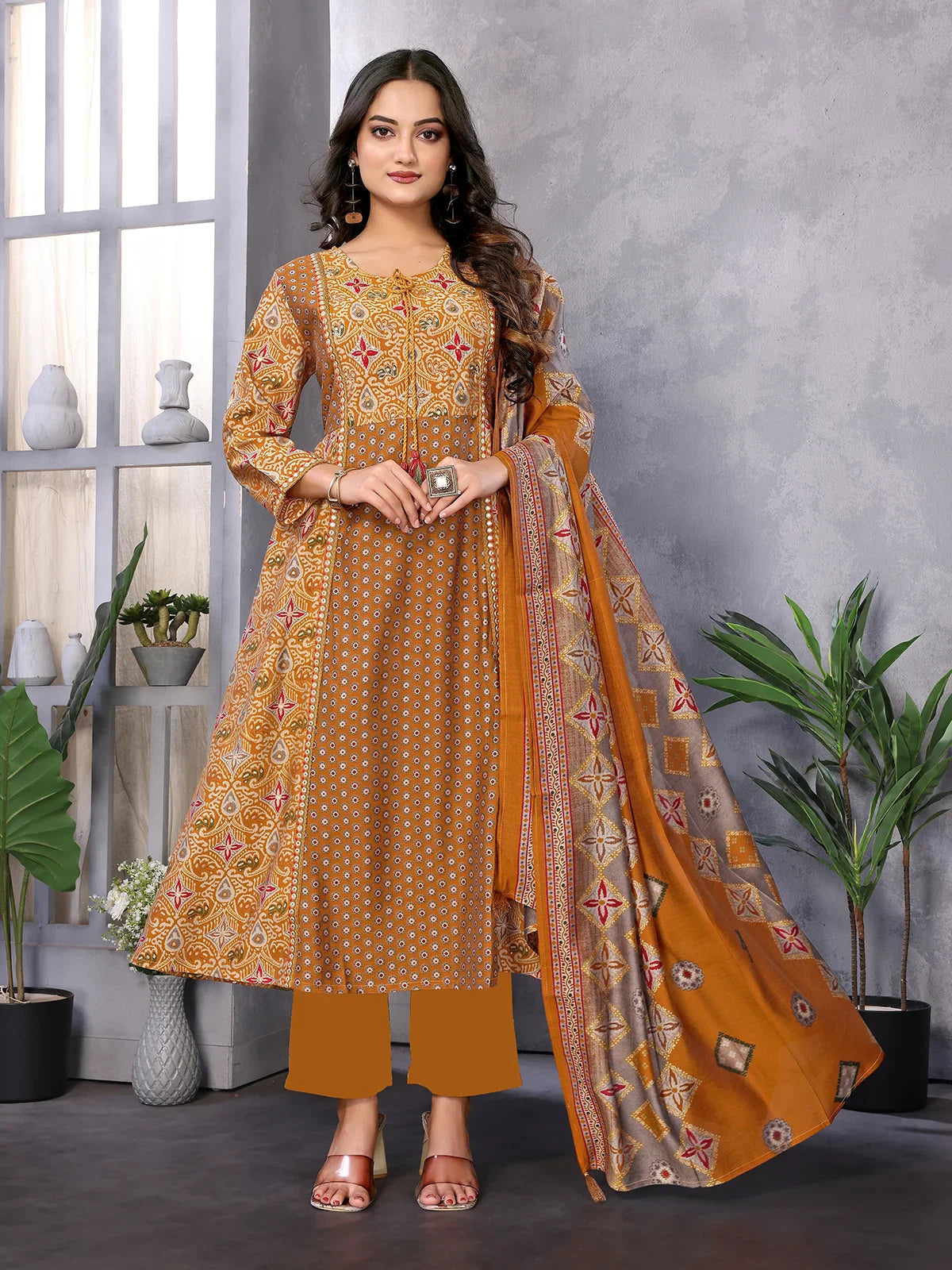 Buy Silk Blend Embroidered Calf Length Flared Kurta with Pant and Dupatta-Mustard