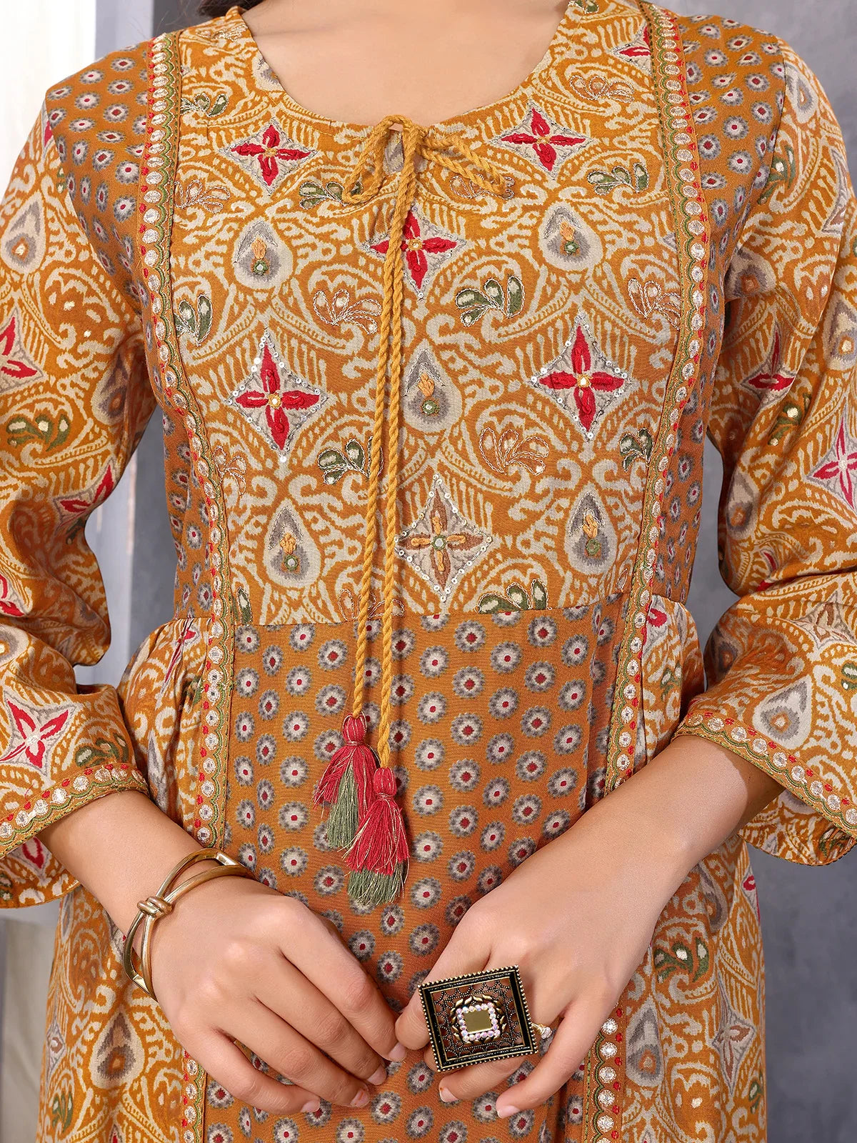 Buy Silk Blend Embroidered Calf Length Flared Kurta with Pant and Dupatta-Mustard