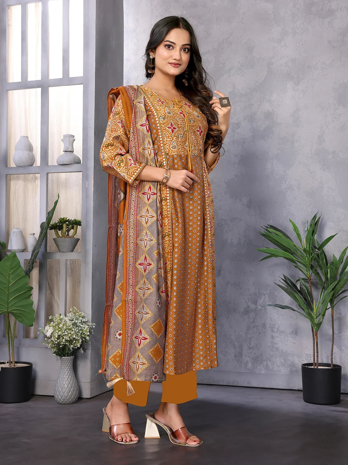 Buy Silk Blend Embroidered Calf Length Flared Kurta with Pant and Dupatta-Mustard