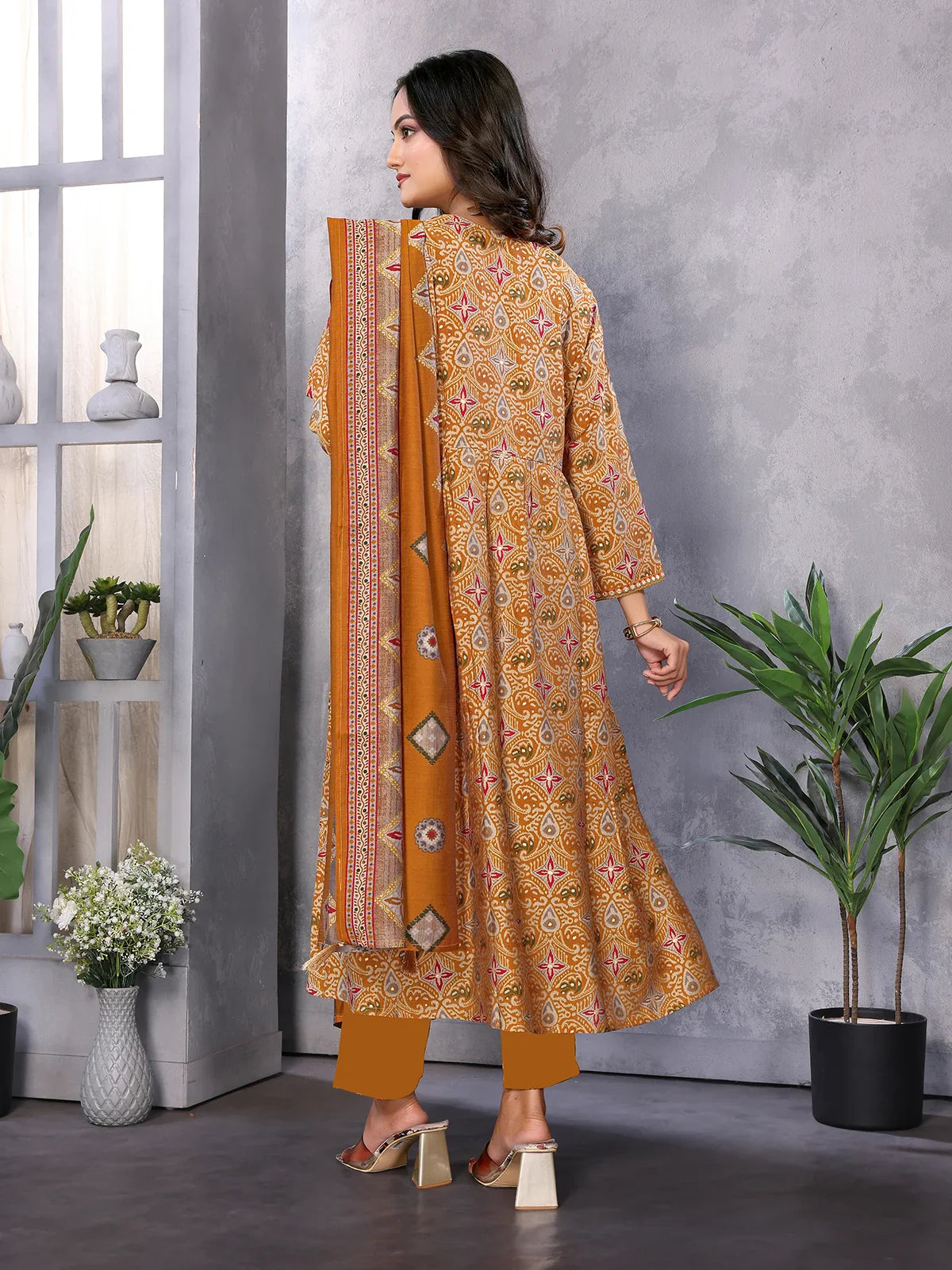 Buy Silk Blend Embroidered Calf Length Flared Kurta with Pant and Dupatta-Mustard