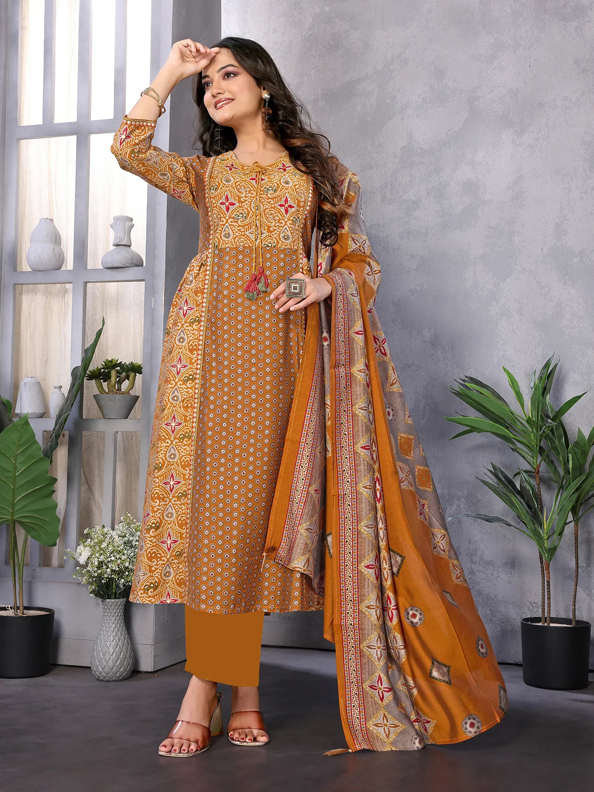 Buy Silk Blend Embroidered Calf Length Flared Kurta with Pant and Dupatta-Mustard