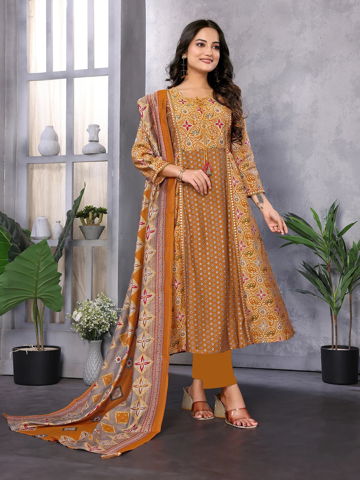 Buy Silk Blend Embroidered Calf Length Flared Kurta with Pant and Dupatta-Mustard