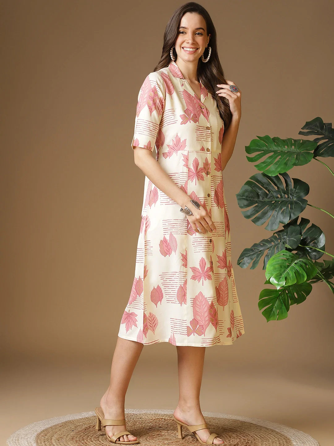 Buy Rayon Printed Shirt Style Calf Length Ethnic Dress-Pink