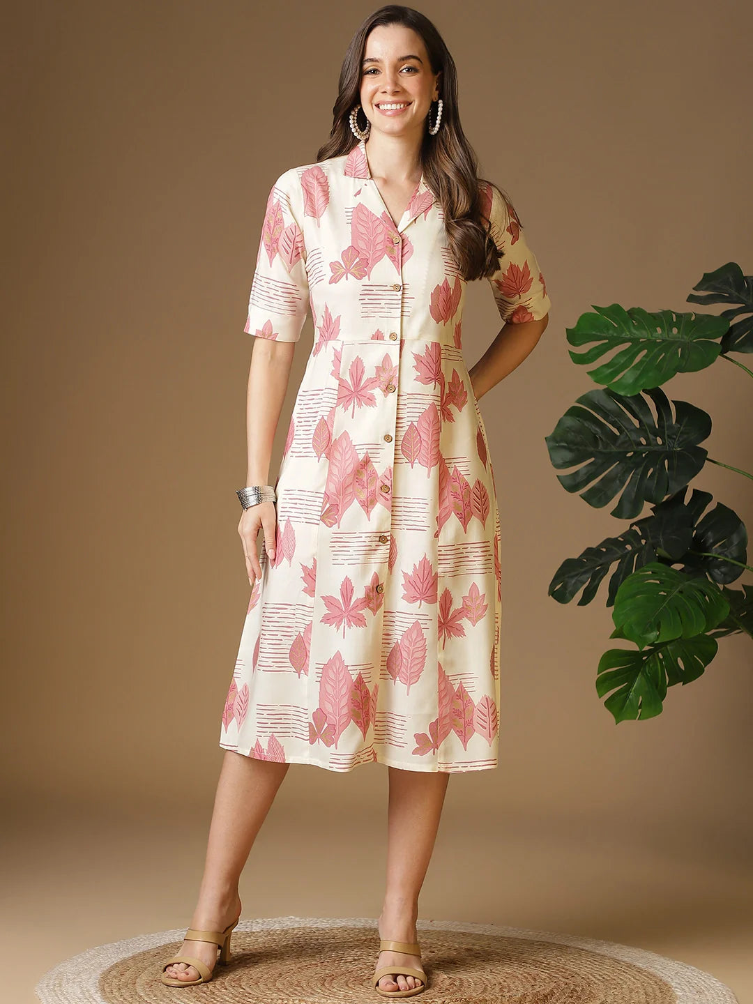 Buy Rayon Printed Shirt Style Calf Length Ethnic Dress-Pink