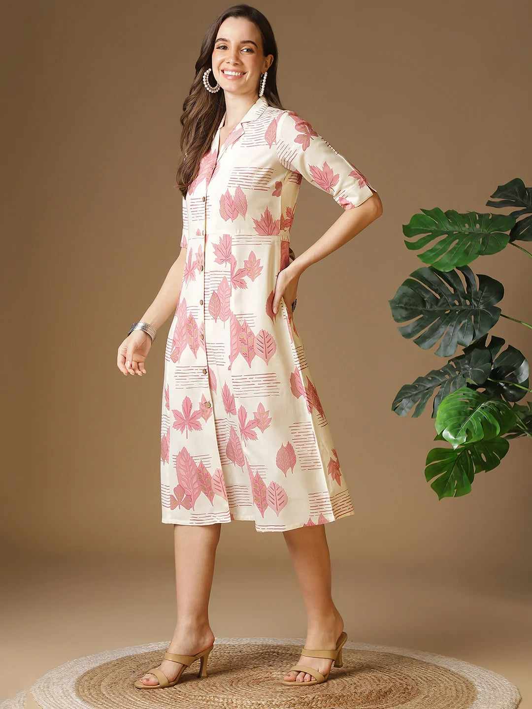 Buy Rayon Printed Shirt Style Calf Length Ethnic Dress-Pink