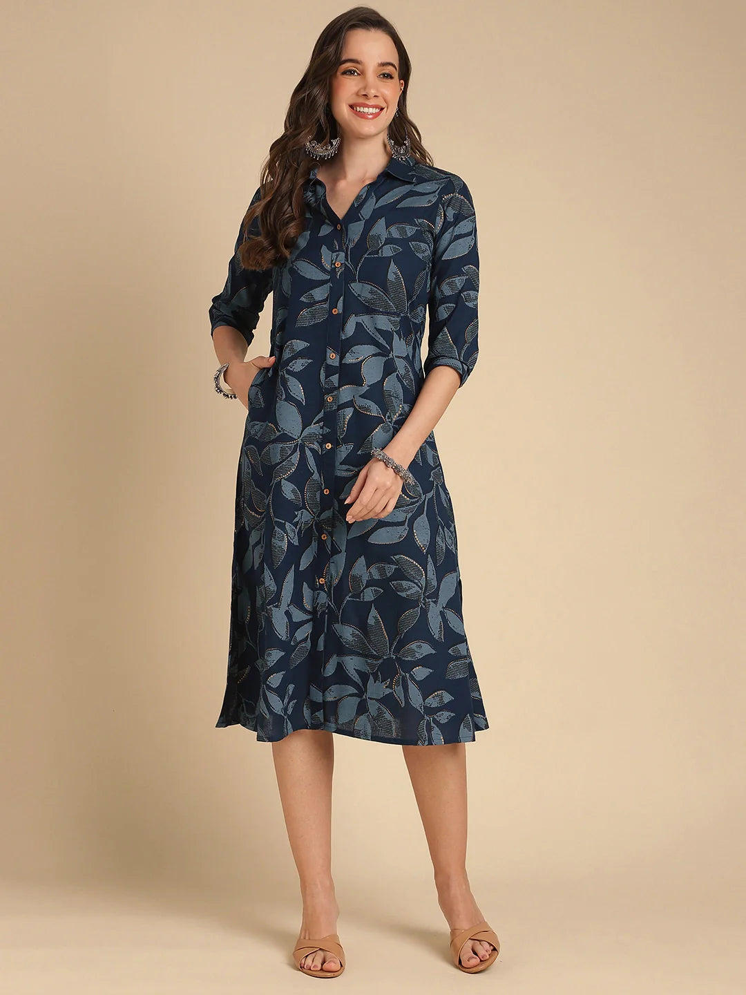 Buy Rayon Printed Shirt Style Calf Length Ethnic Dress-Navy