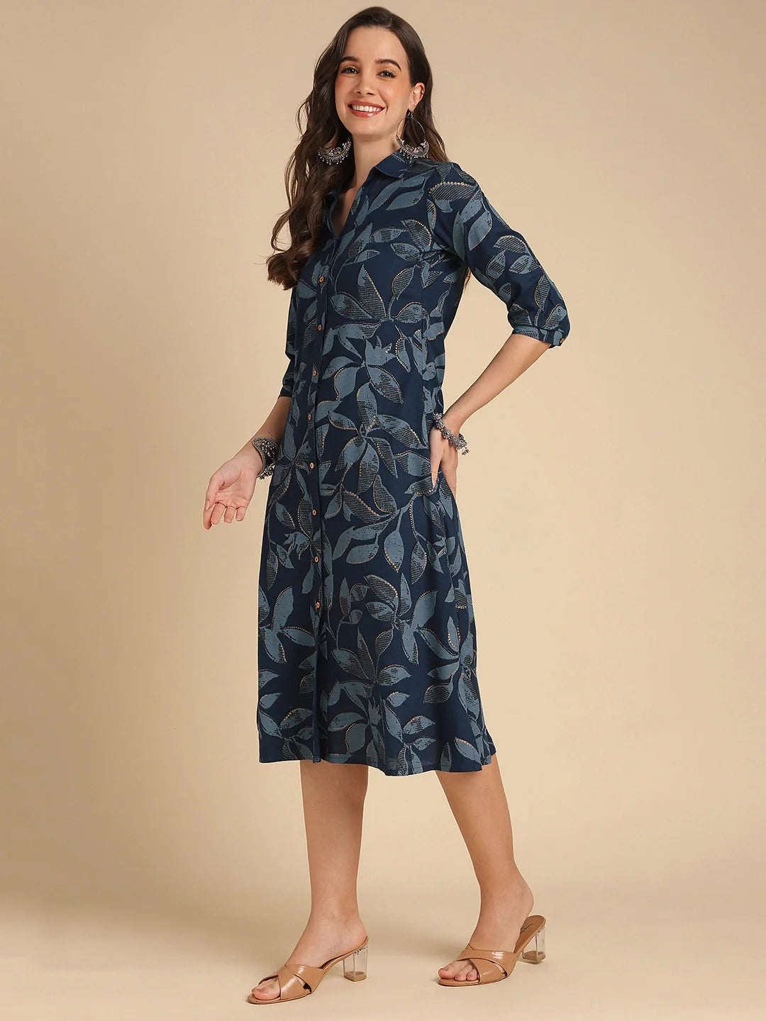 Buy Rayon Printed Shirt Style Calf Length Ethnic Dress-Navy