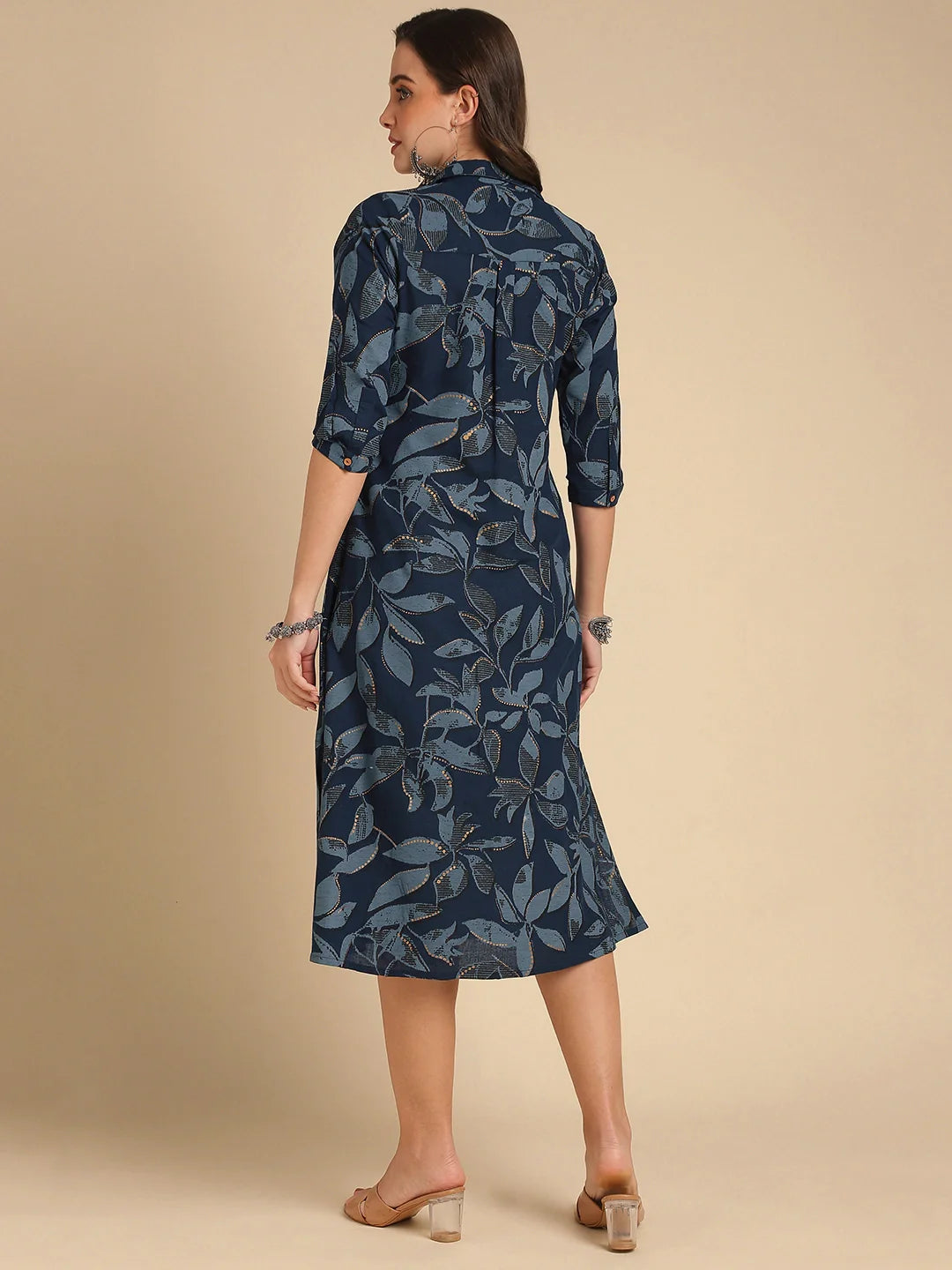 Buy Rayon Printed Shirt Style Calf Length Ethnic Dress-Navy