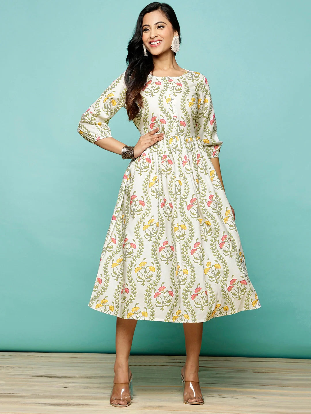 Buy Rayon Printed Flared Calf Length Ethnic Dress-Off White