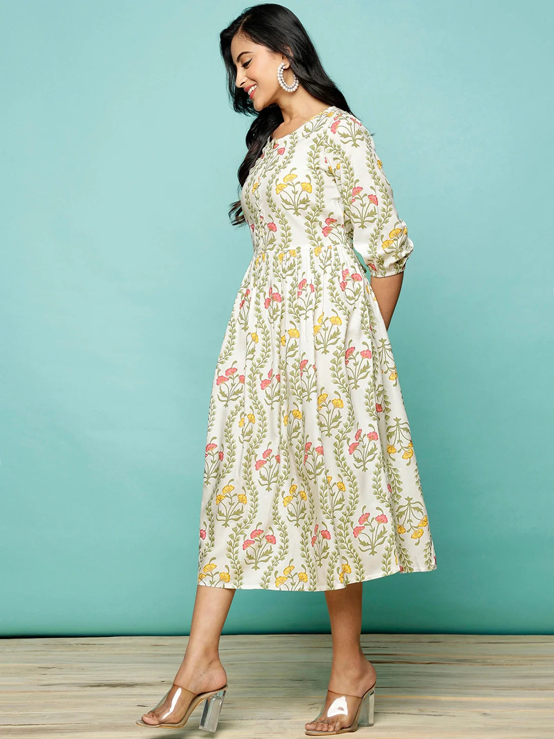 Buy Rayon Printed Flared Calf Length Ethnic Dress-Off White