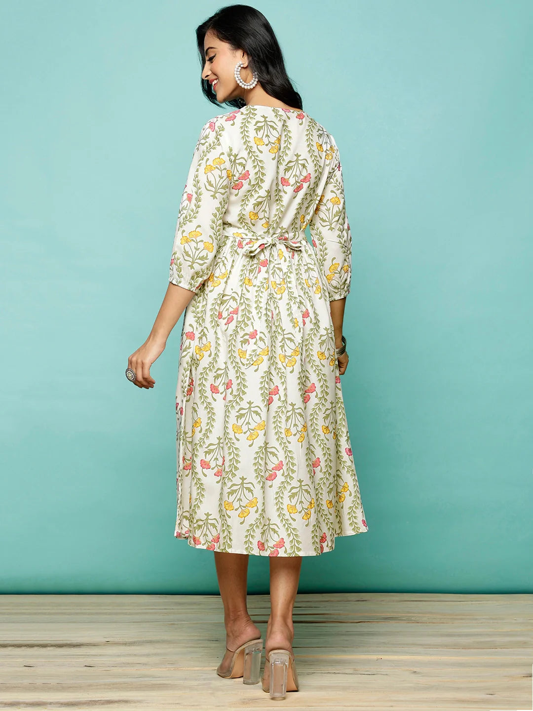 Buy Rayon Printed Flared Calf Length Ethnic Dress-Off White