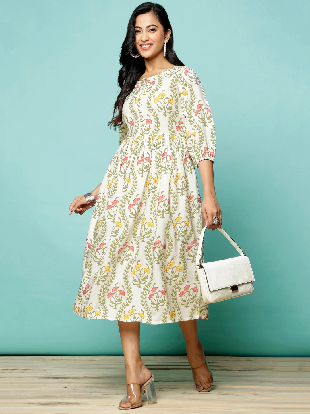 Buy Rayon Printed Flared Calf Length Ethnic Dress-Off White