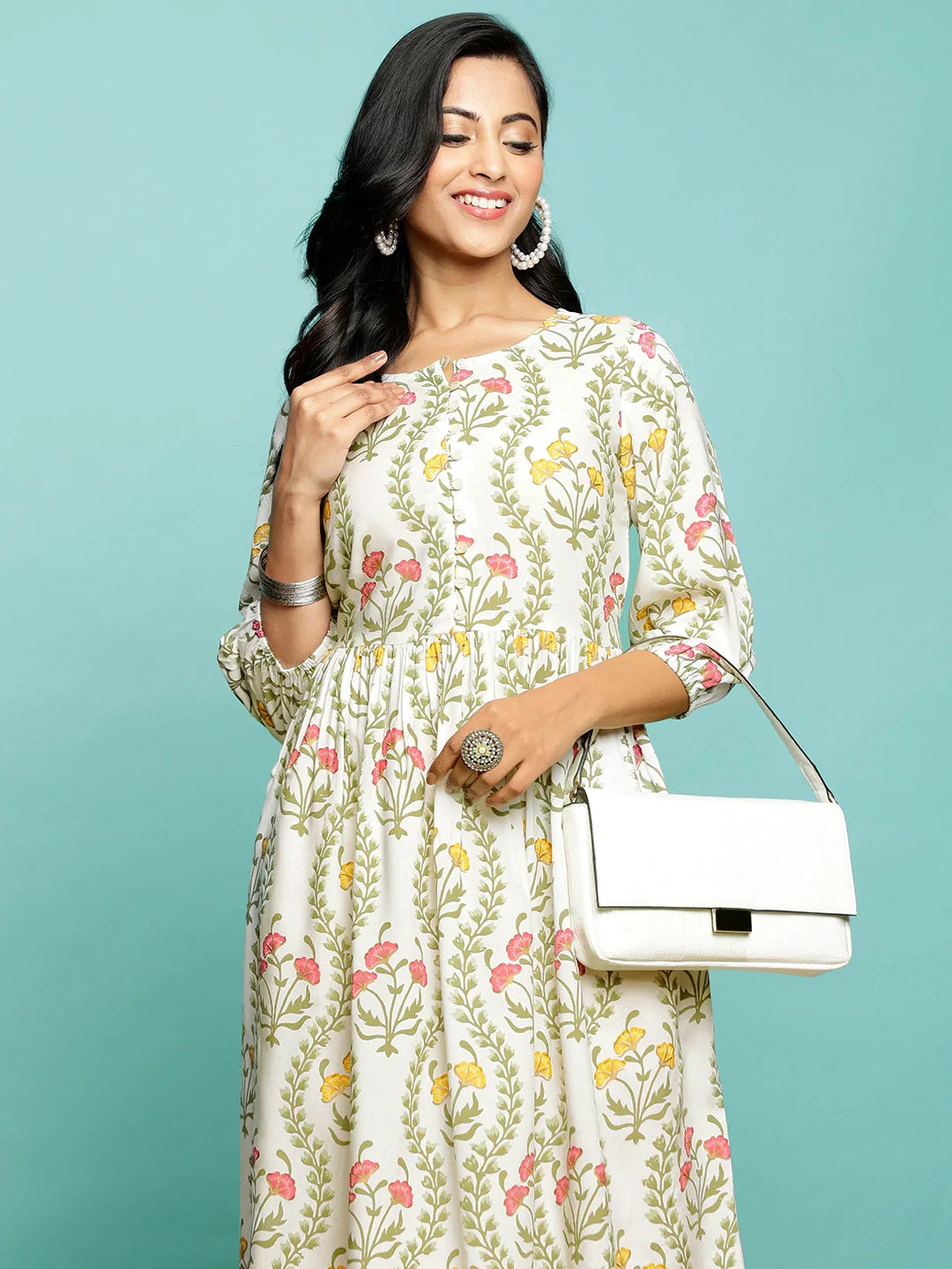 Buy Rayon Printed Flared Calf Length Ethnic Dress-Off White