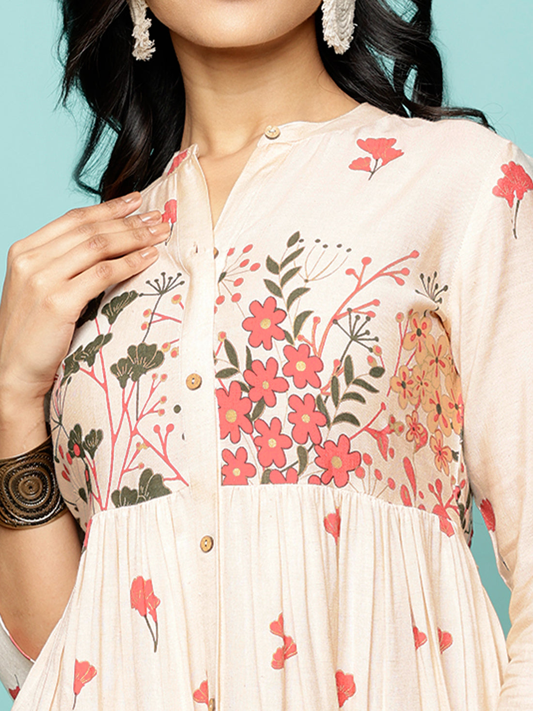 Buy Rayon Printed Shirt Style Calf Length Ethnic Dress-Off White