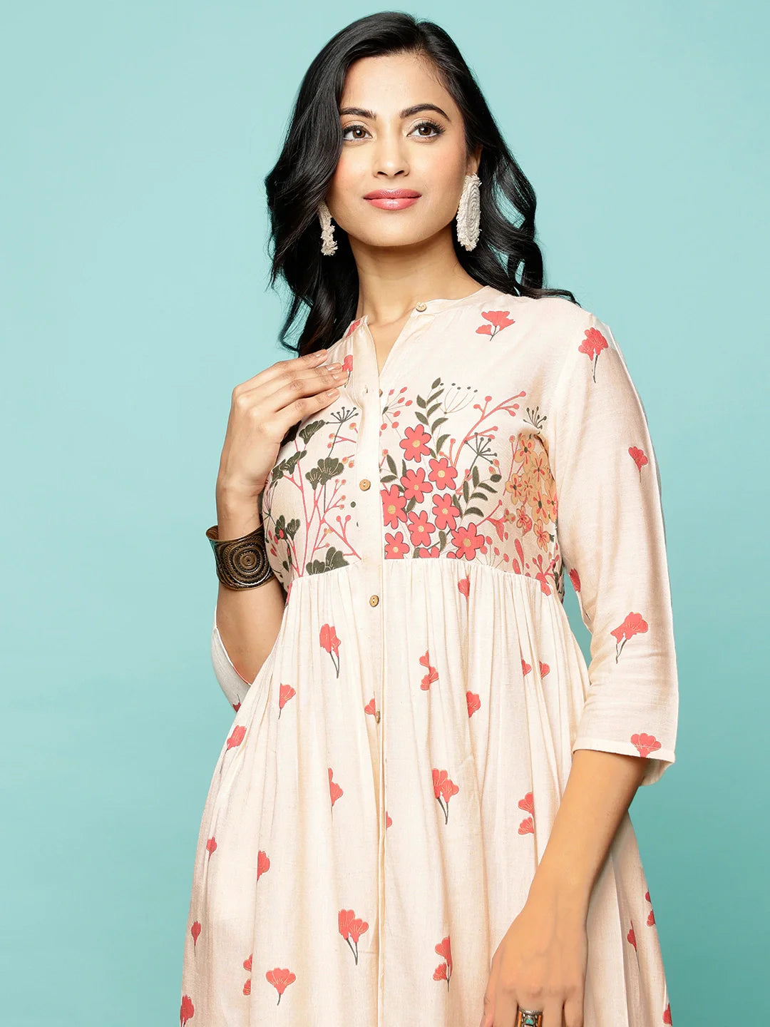 Buy Rayon Printed Shirt Style Calf Length Ethnic Dress-Off White